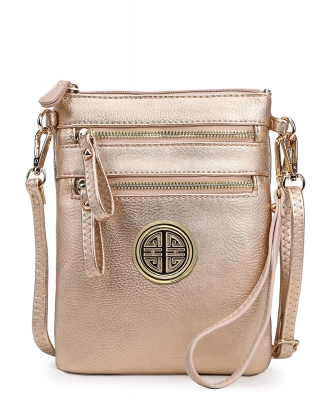 Women's Rich Faux Leather Organizer Multi Zipper Pockets Crossbody Bag WU002L ROSEGOLD